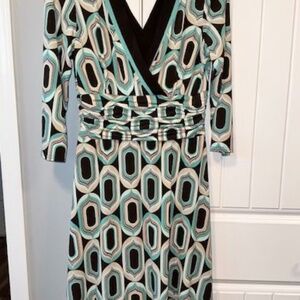 Women's dress. Size 14. 3/4 sleeve. Studio I brand. Teal, white, brown.
